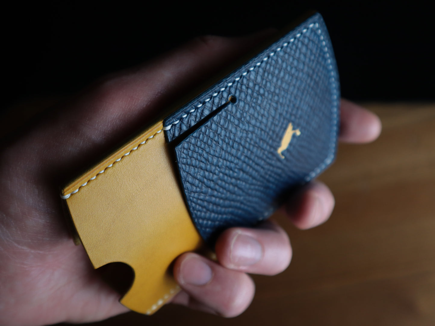 Cardholder, Blue Hatch Grain & Yellow Buttero