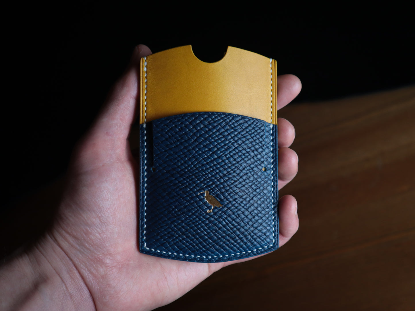 Cardholder, Blue Hatch Grain & Yellow Buttero