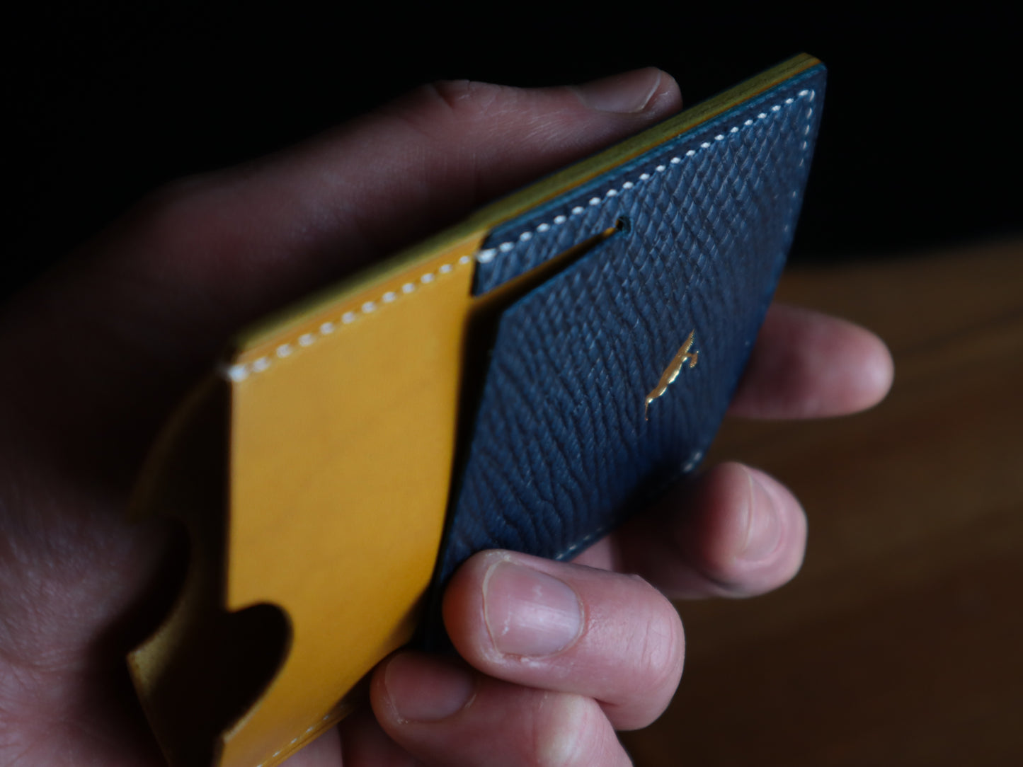 Cardholder, Blue Hatch Grain & Yellow Buttero